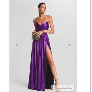 Retrofete Purple Metallic Waldorf Strapless Thigh High Slit Dress Gown S NWT